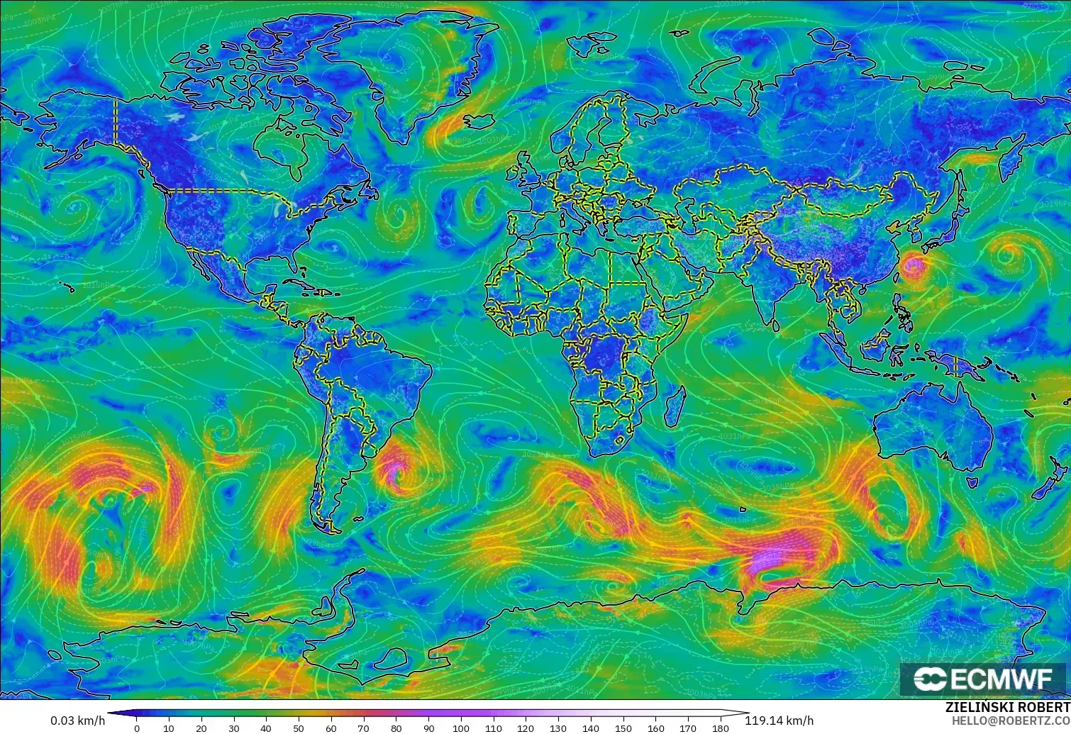 ECMWF IFS 0.25° model - Dunia, Angin 10 m