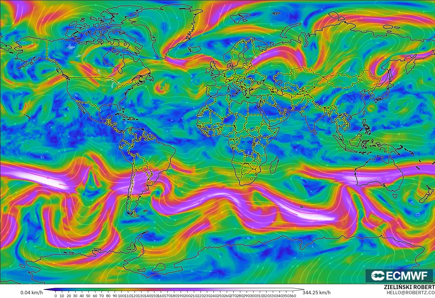 ECMWF IFS 0.25° model - Dunia, Angin 300 hPa (aliran jet)