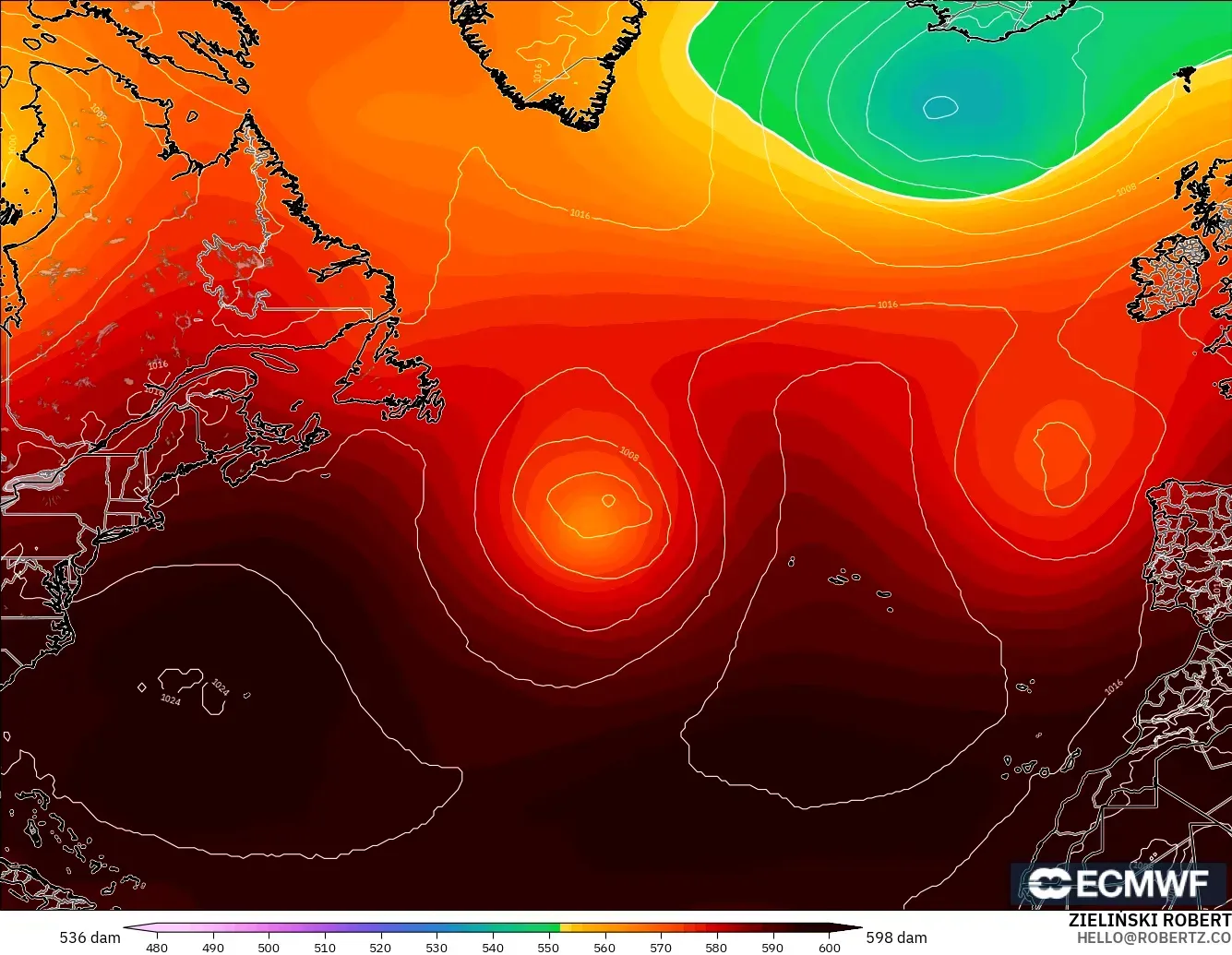 ECMWF IFS 0.25° model - Atlantik Utara, Ketinggian geopotensial pada 500 hPa