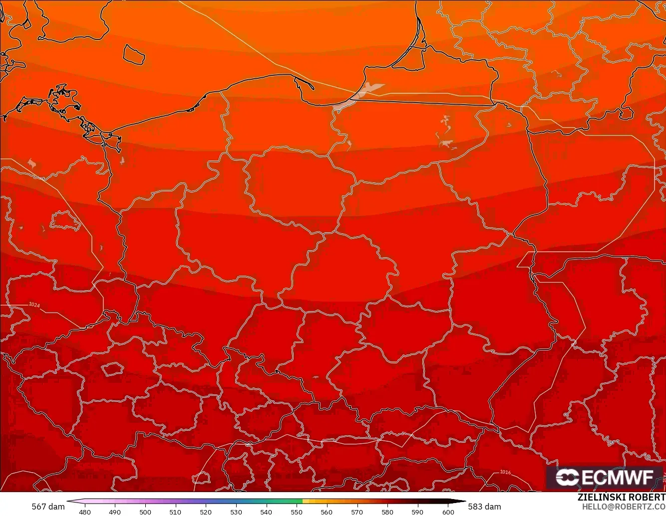 ECMWF IFS 0.25° model - Polandia, Ketinggian geopotensial pada 500 hPa