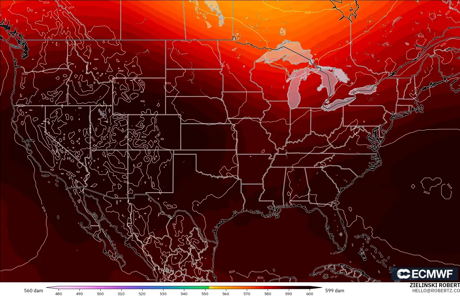 ECMWF IFS 0.25° model - Amerika Serikat, Ketinggian geopotensial pada 500 hPa