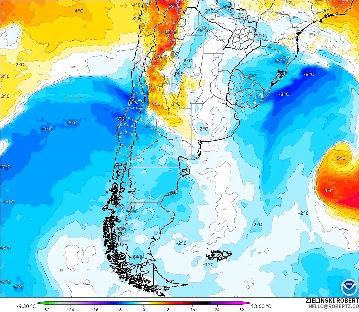 GFS model - Argentina, Anomali Suhu 850 hPa
