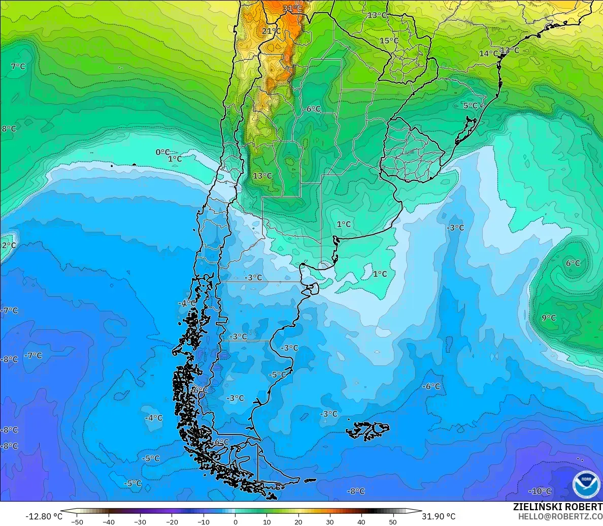 GFS model - Argentina, Suhu 850 hPa