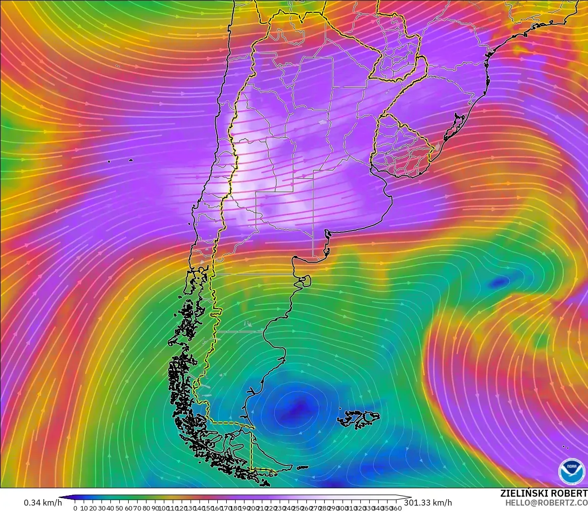 GFS model - Argentina, Angin 300 hPa (aliran jet)