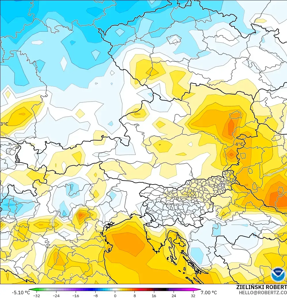 GFS model - Austria, Anomali Suhu 2 m