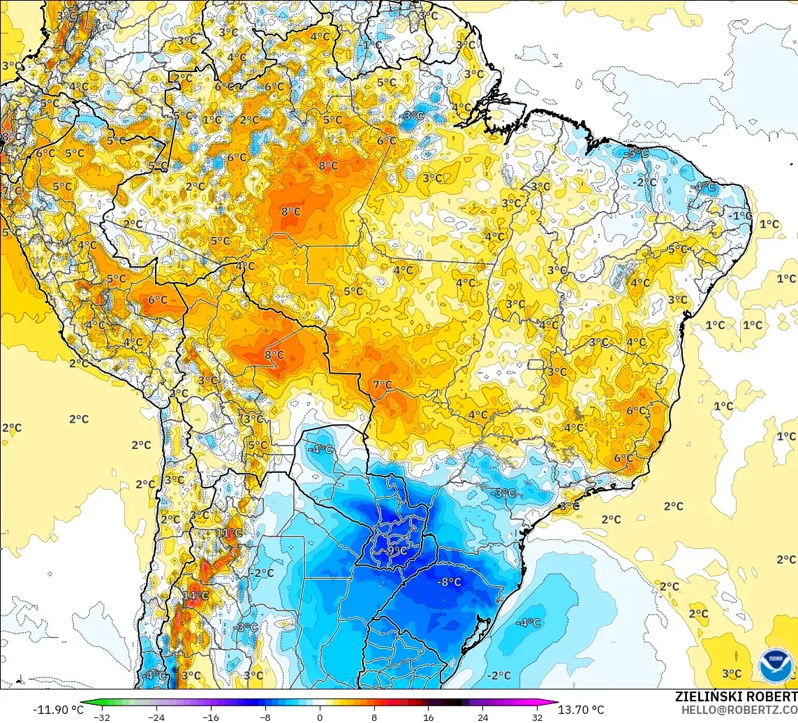 GFS model - Brasil, Anomali Suhu 2 m