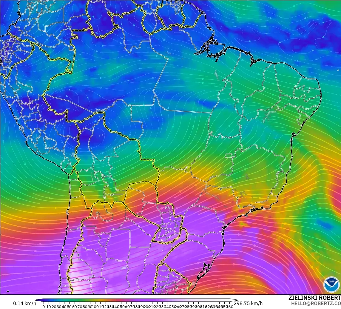 GFS model - Brasil, Angin 300 hPa (aliran jet)