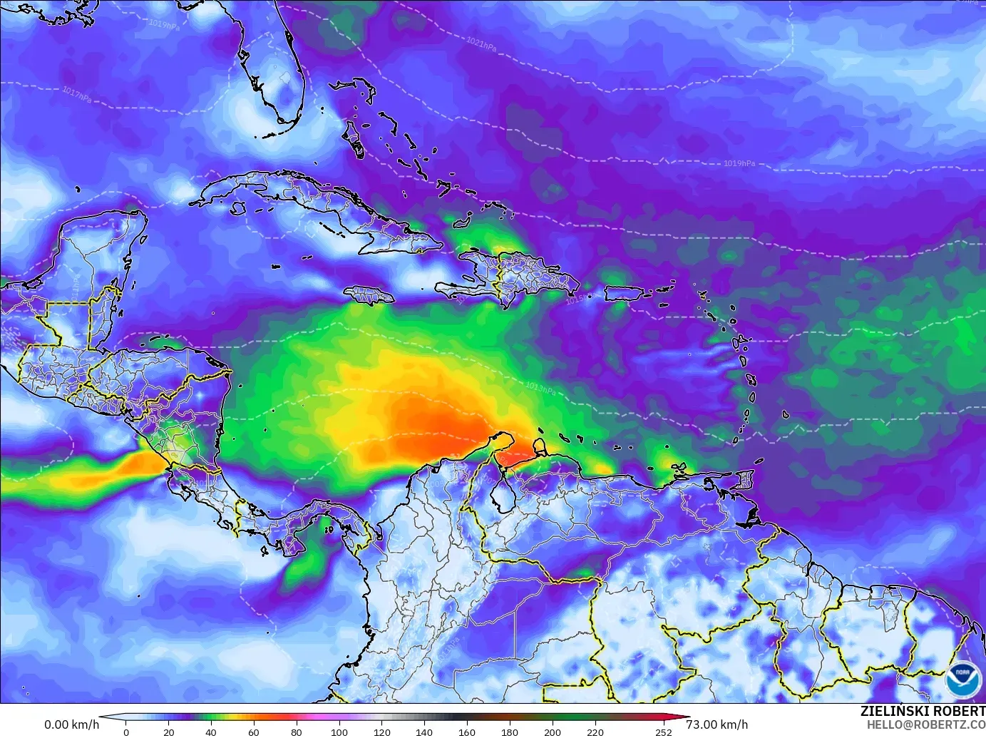 GFS model - Karibia, Hembusan Angin