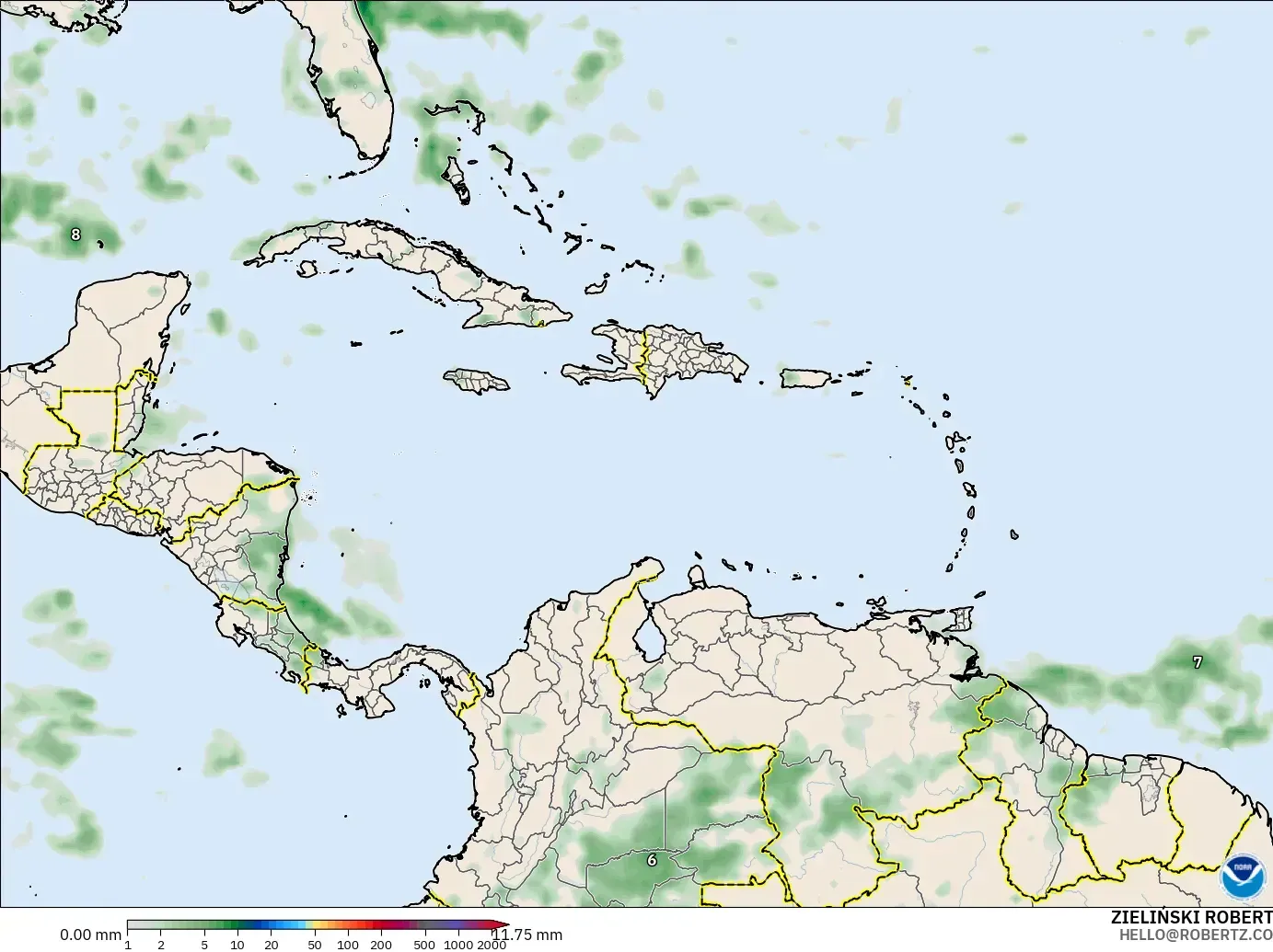 GFS model - Karibia, Akumulasi Curah Hujan