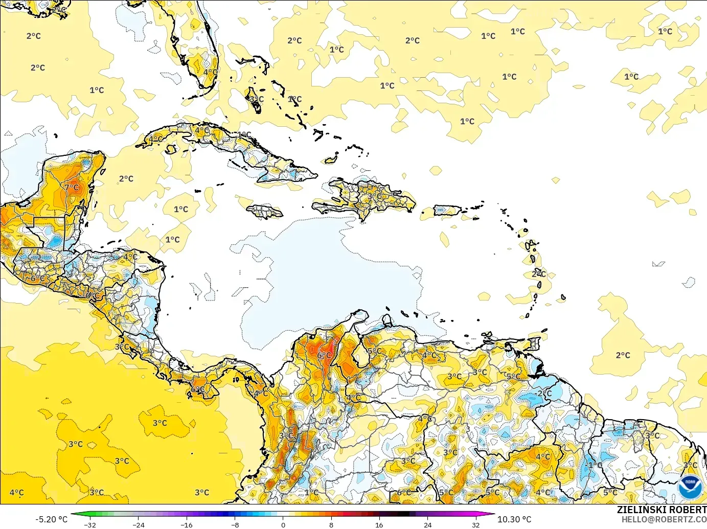 GFS model - Karibia, Anomali Suhu 2 m