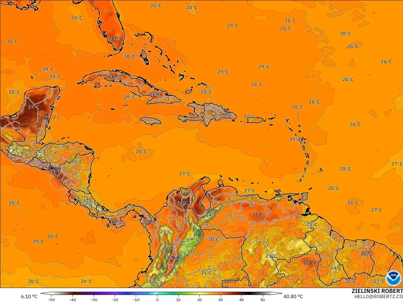 GFS model - Karibia, Suhu 2 m