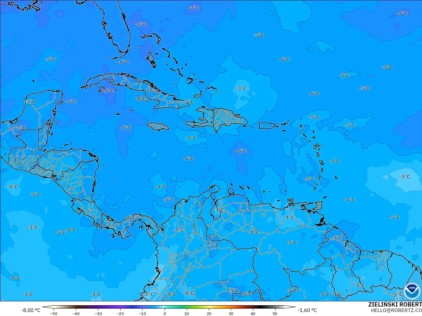 GFS model - Karibia, Suhu 500 hPa