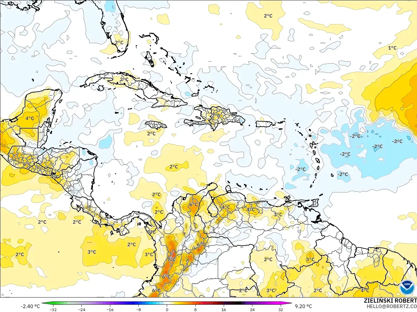 GFS model - Karibia, Anomali Suhu 850 hPa
