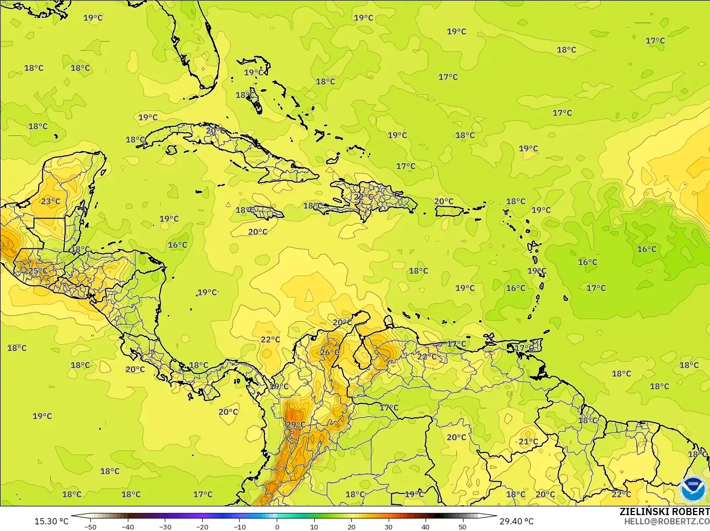 GFS model - Karibia, Suhu 850 hPa