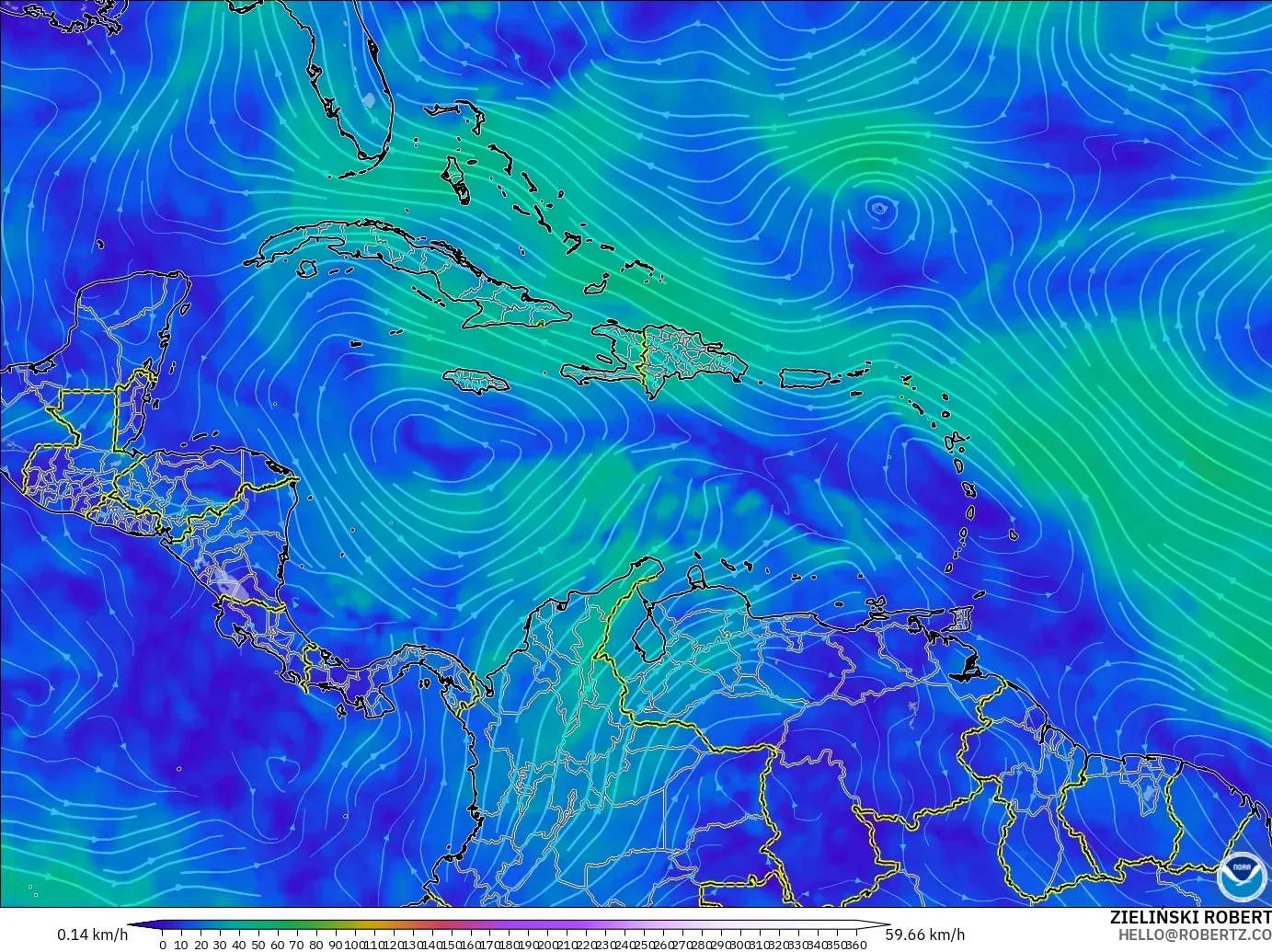 GFS model - Karibia, Angin 300 hPa (aliran jet)