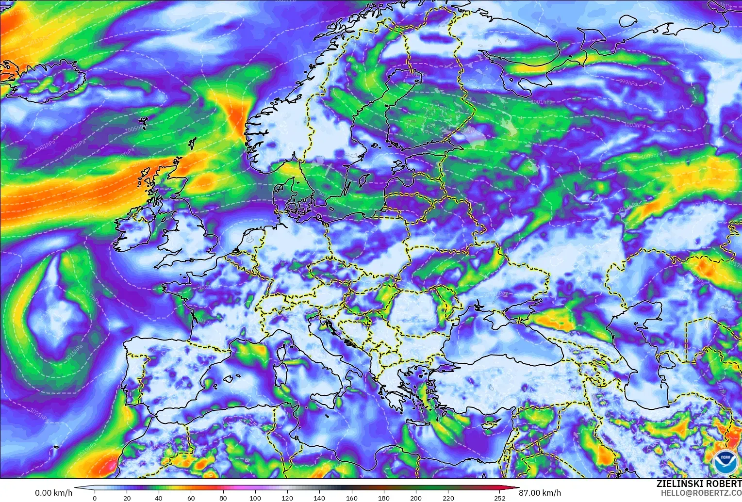 GFS model - Eropa, Hembusan Angin