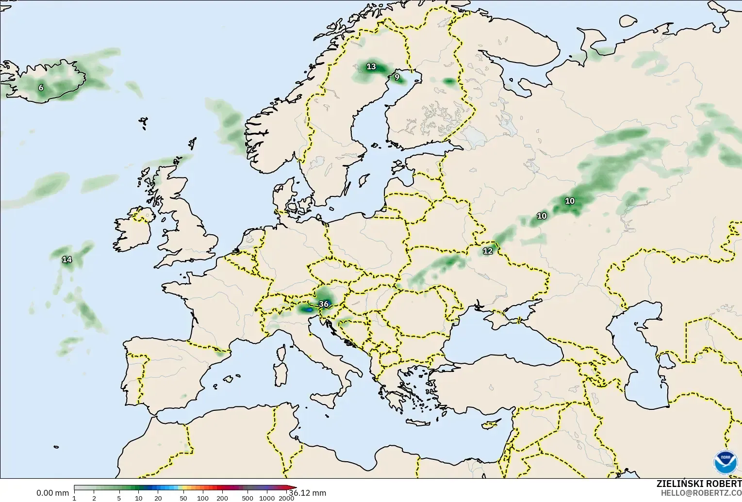 GFS model - Eropa, Akumulasi Curah Hujan