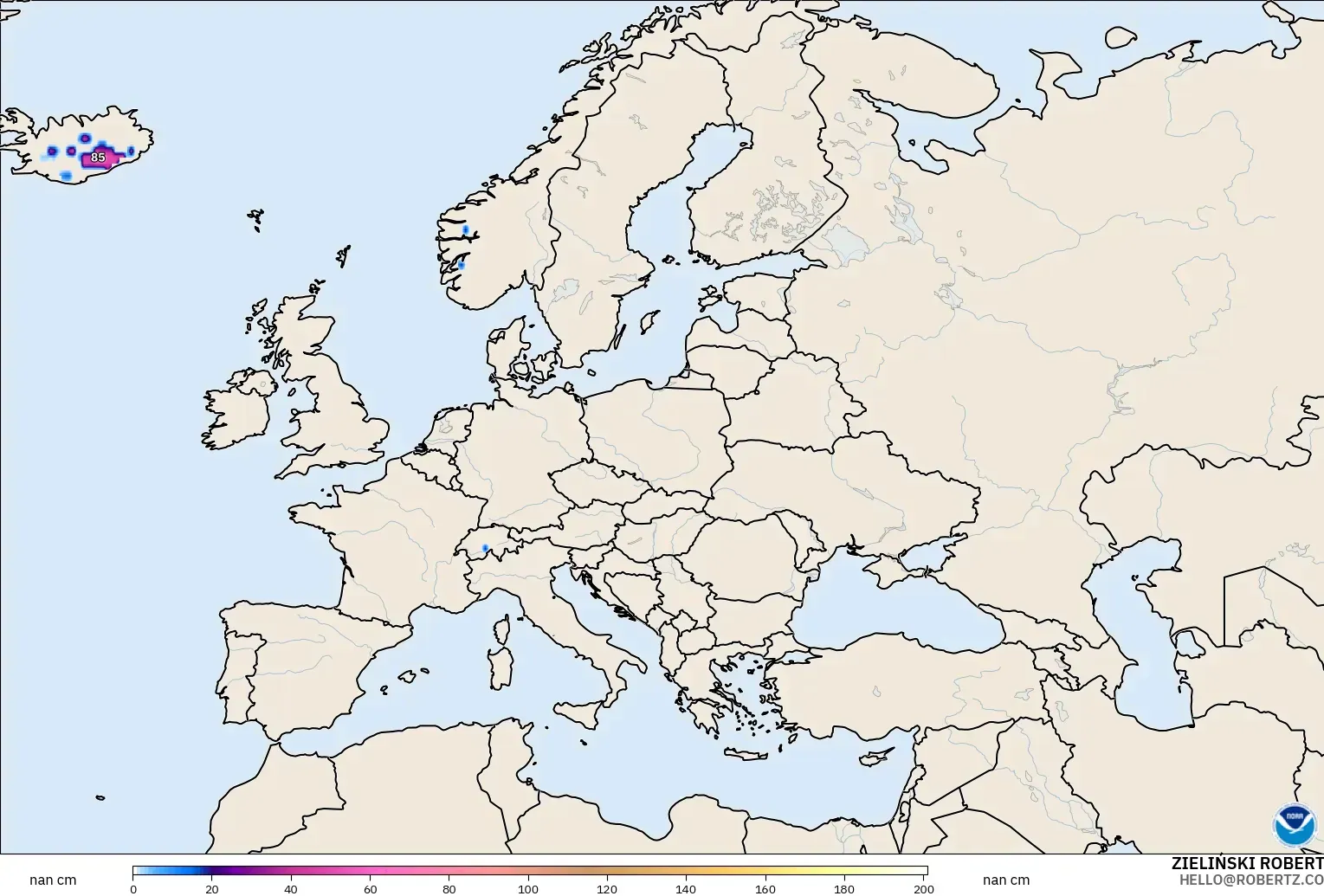 GFS model - Eropa, Kedalaman Salju