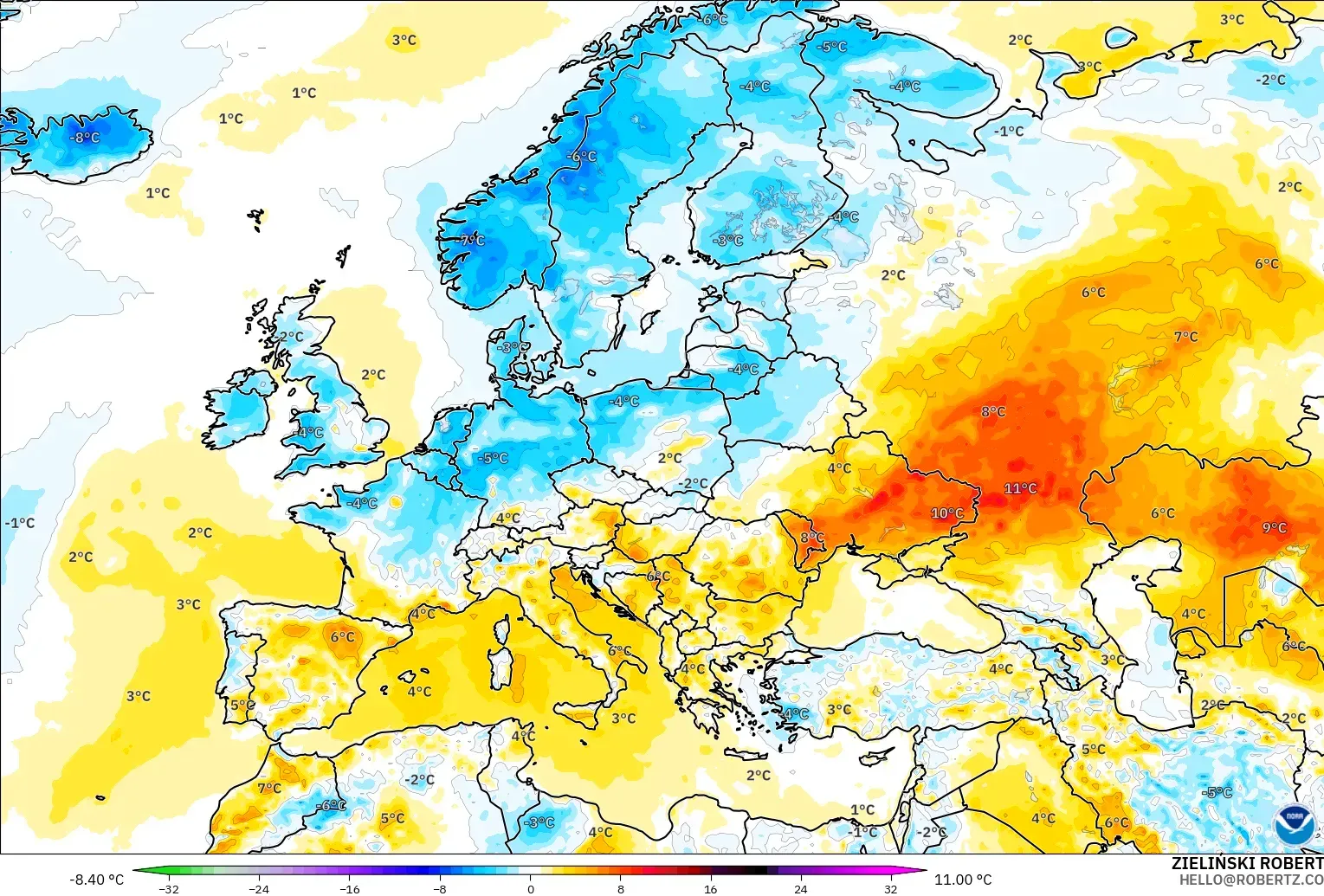 GFS model - Eropa, Anomali Suhu 2 m