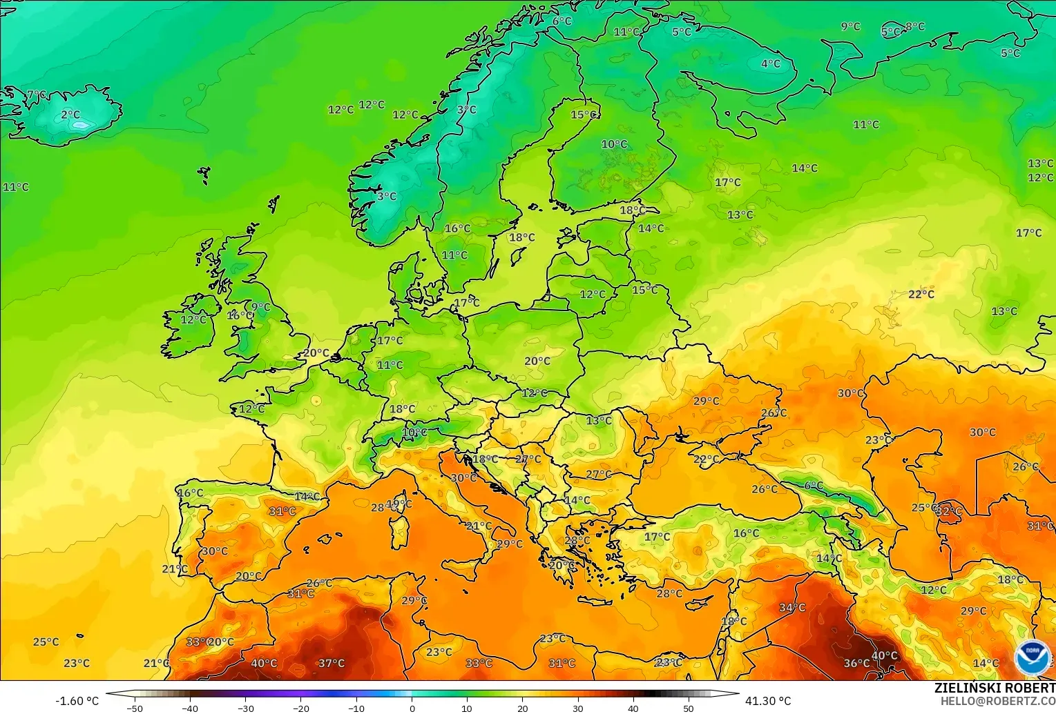 GFS model - Eropa, Suhu 2 m