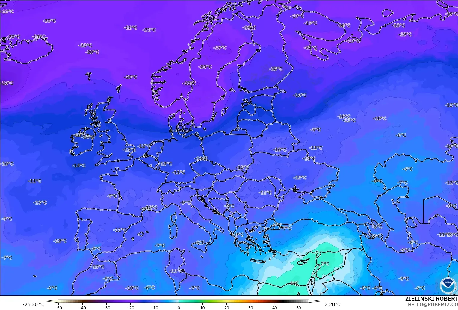 GFS model - Eropa, Suhu 500 hPa