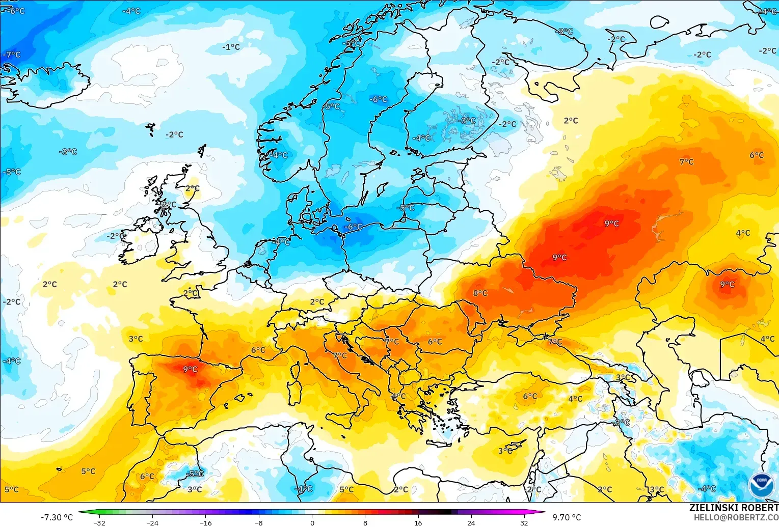 GFS model - Eropa, Anomali Suhu 850 hPa