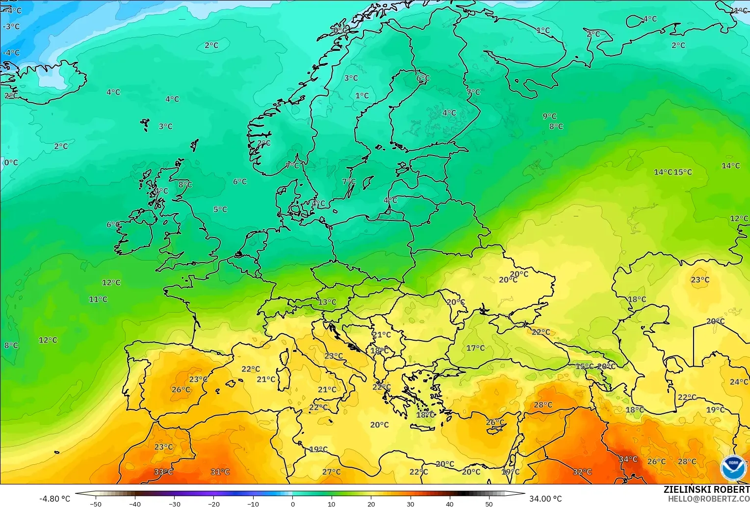 GFS model - Eropa, Suhu 850 hPa