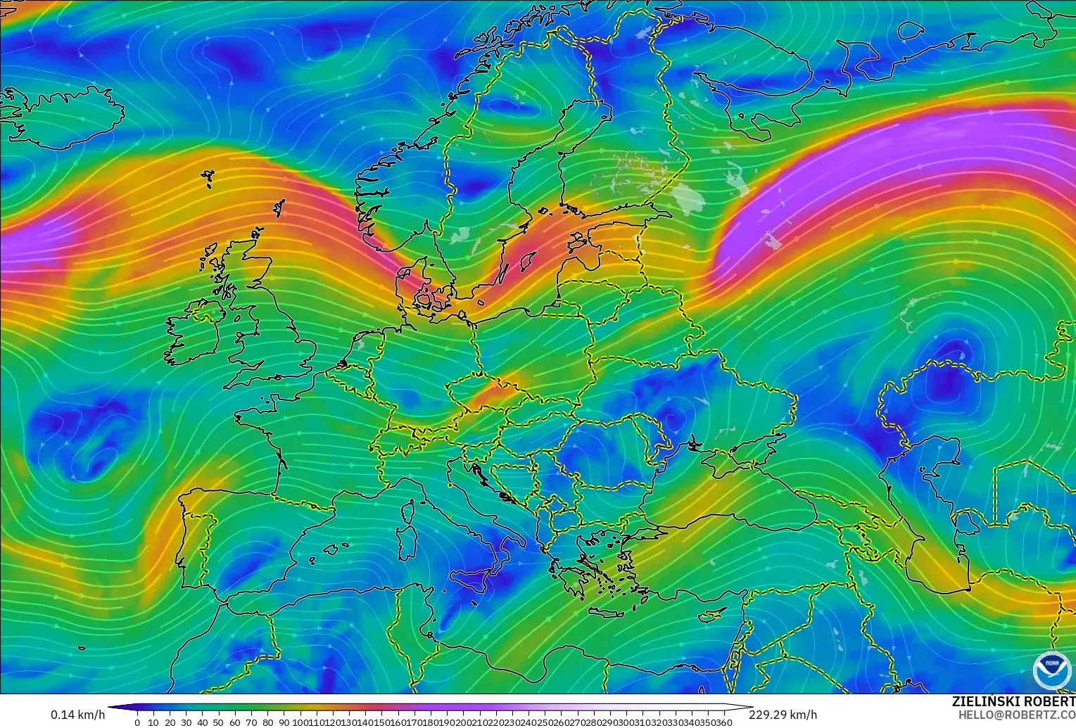 GFS model - Eropa, Angin 300 hPa (aliran jet)