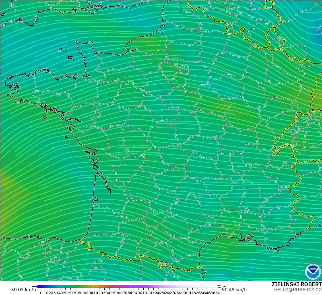 GFS model - Prancis, Angin 300 hPa (aliran jet)