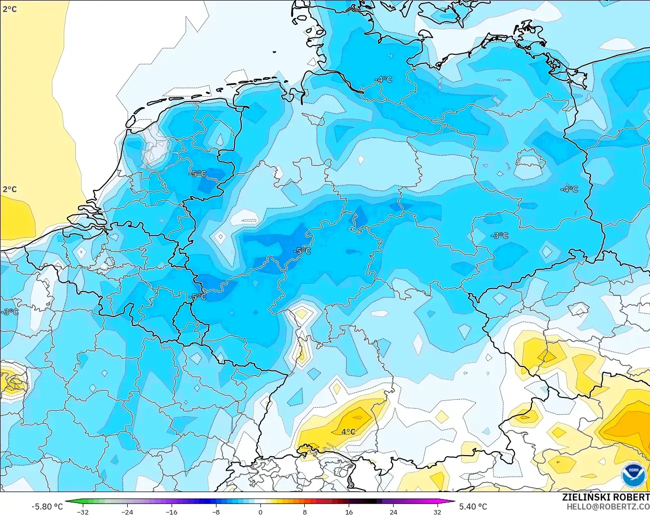 GFS model - Jerman, Anomali Suhu 2 m