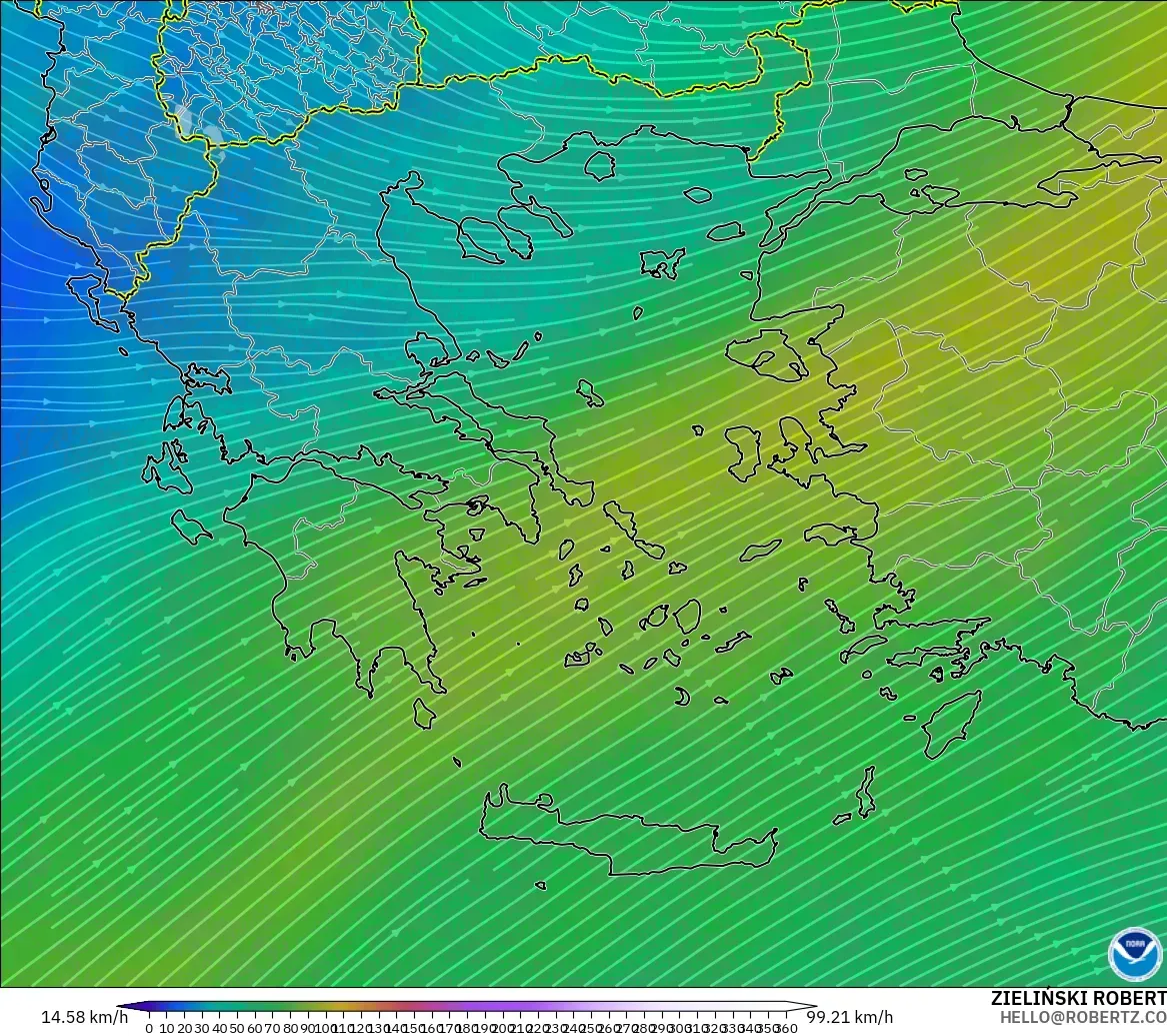 GFS model - Yunani, Angin 300 hPa (aliran jet)