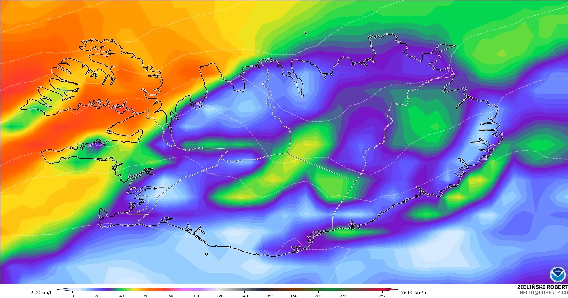 GFS model - Islandia, Puncak Hembusan