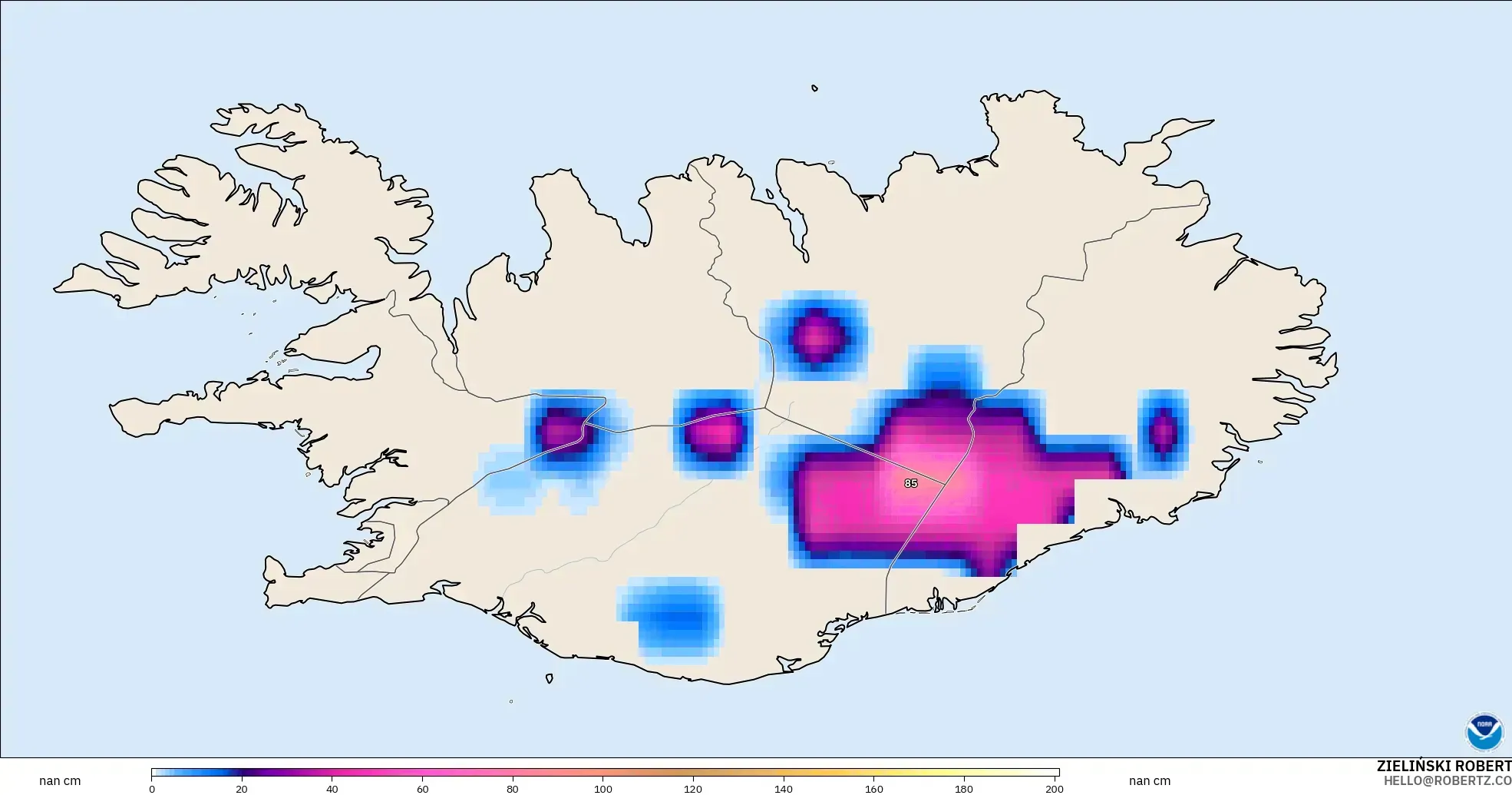 GFS model - Islandia, Kedalaman Salju