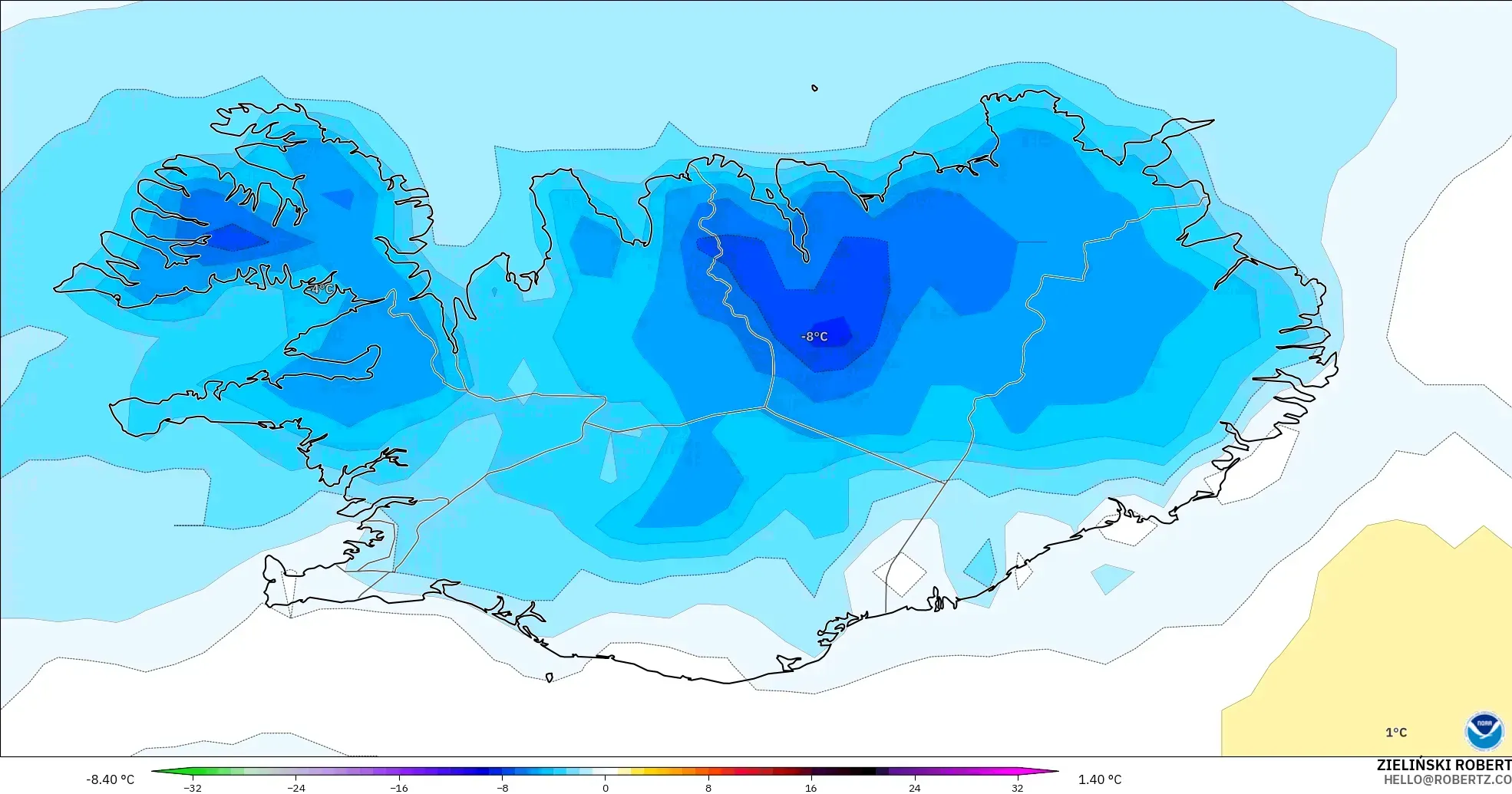 GFS model - Islandia, Anomali Suhu 2 m