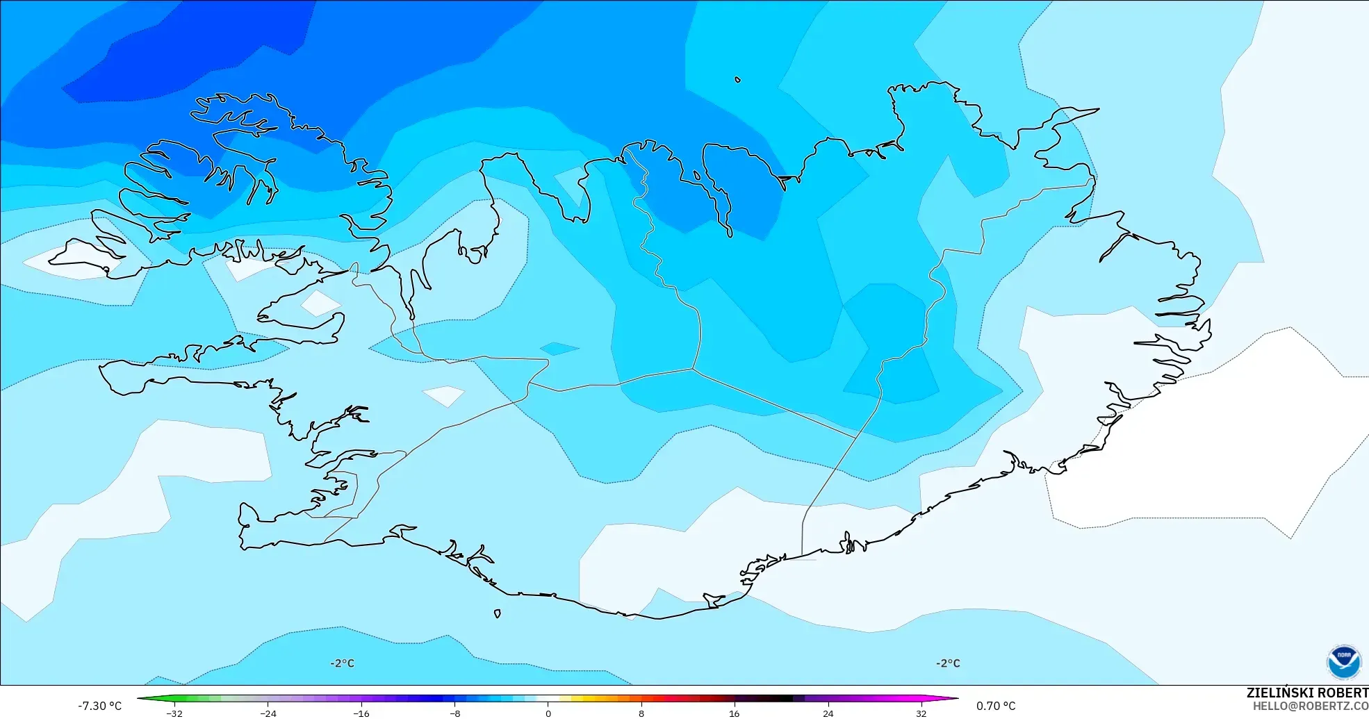 GFS model - Islandia, Anomali Suhu 850 hPa