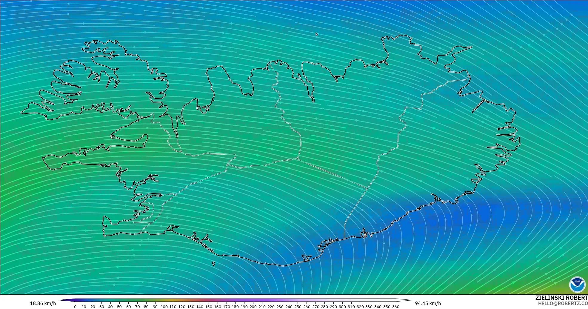 GFS model - Islandia, Angin 300 hPa (aliran jet)