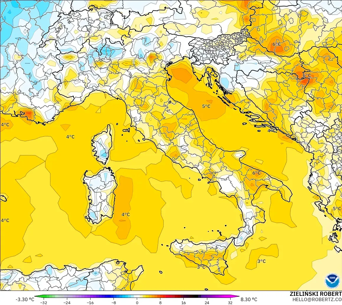 GFS model - Italia, Anomali Suhu 2 m