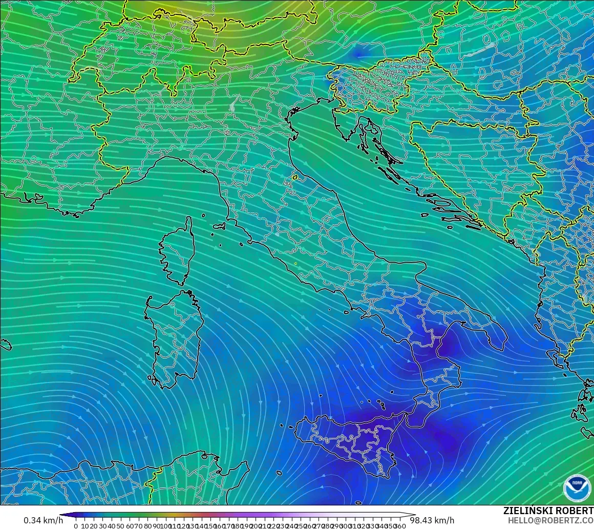 GFS model - Italia, Angin 300 hPa (aliran jet)