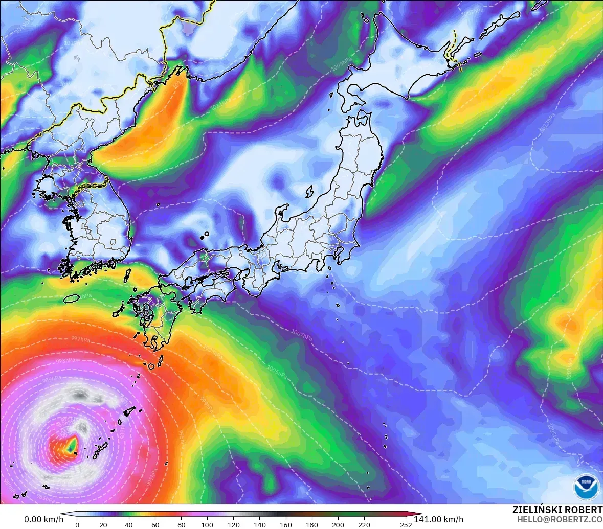 GFS model - Jepang, Hembusan Angin