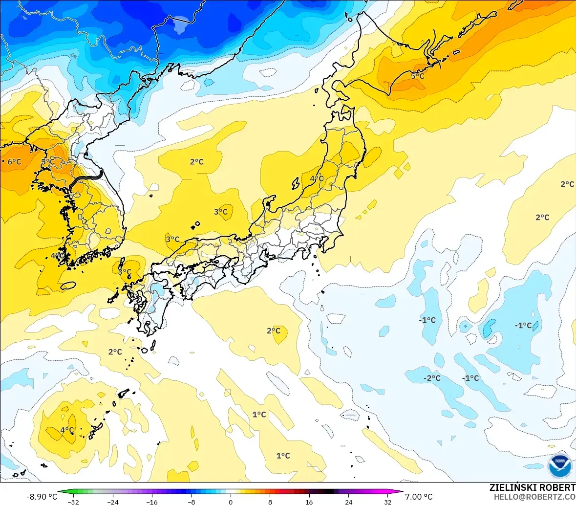 GFS model - Jepang, Anomali Suhu 850 hPa