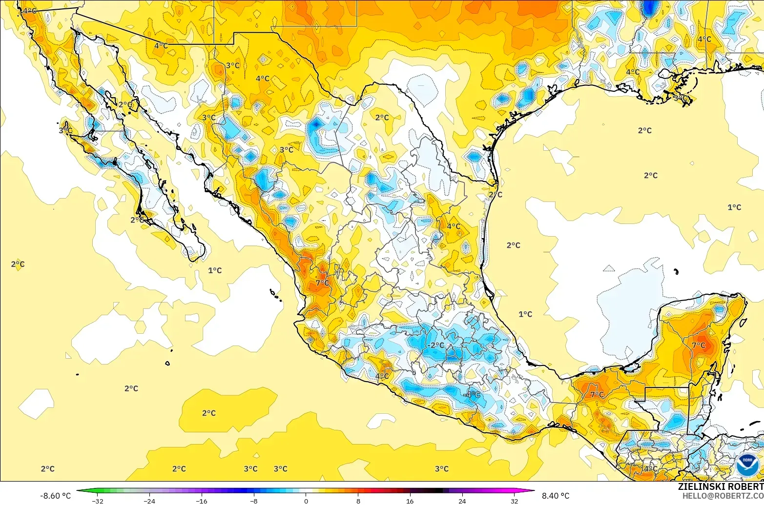 GFS model - Meksiko, Anomali Suhu 2 m