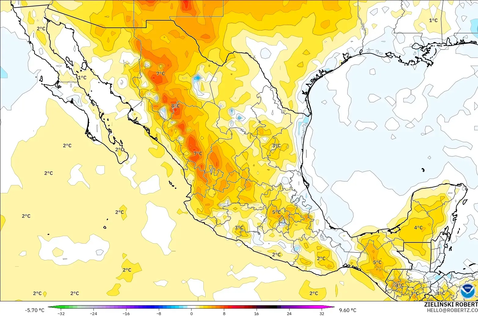 GFS model - Meksiko, Anomali Suhu 850 hPa