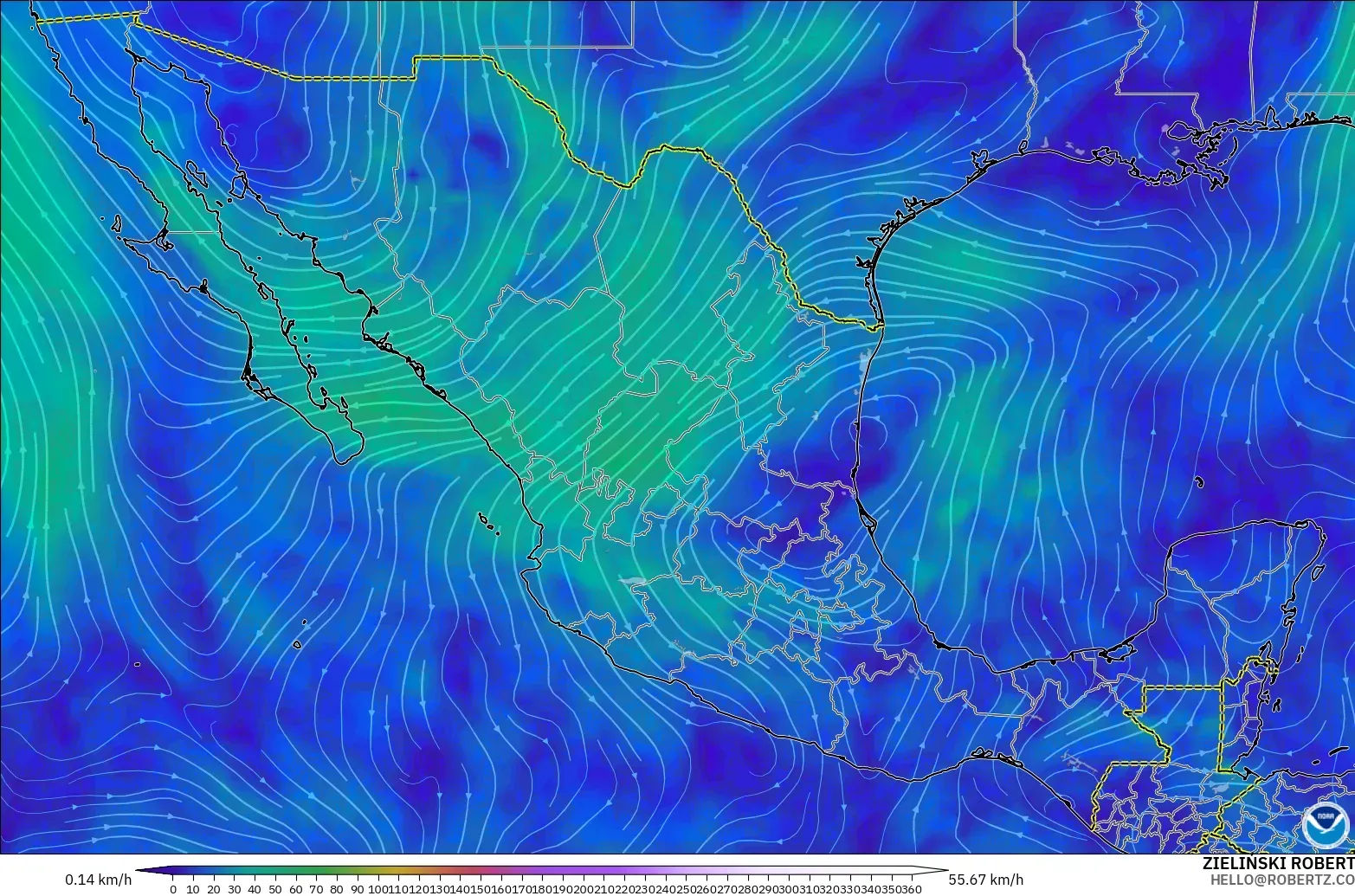 GFS model - Meksiko, Angin 300 hPa (aliran jet)
