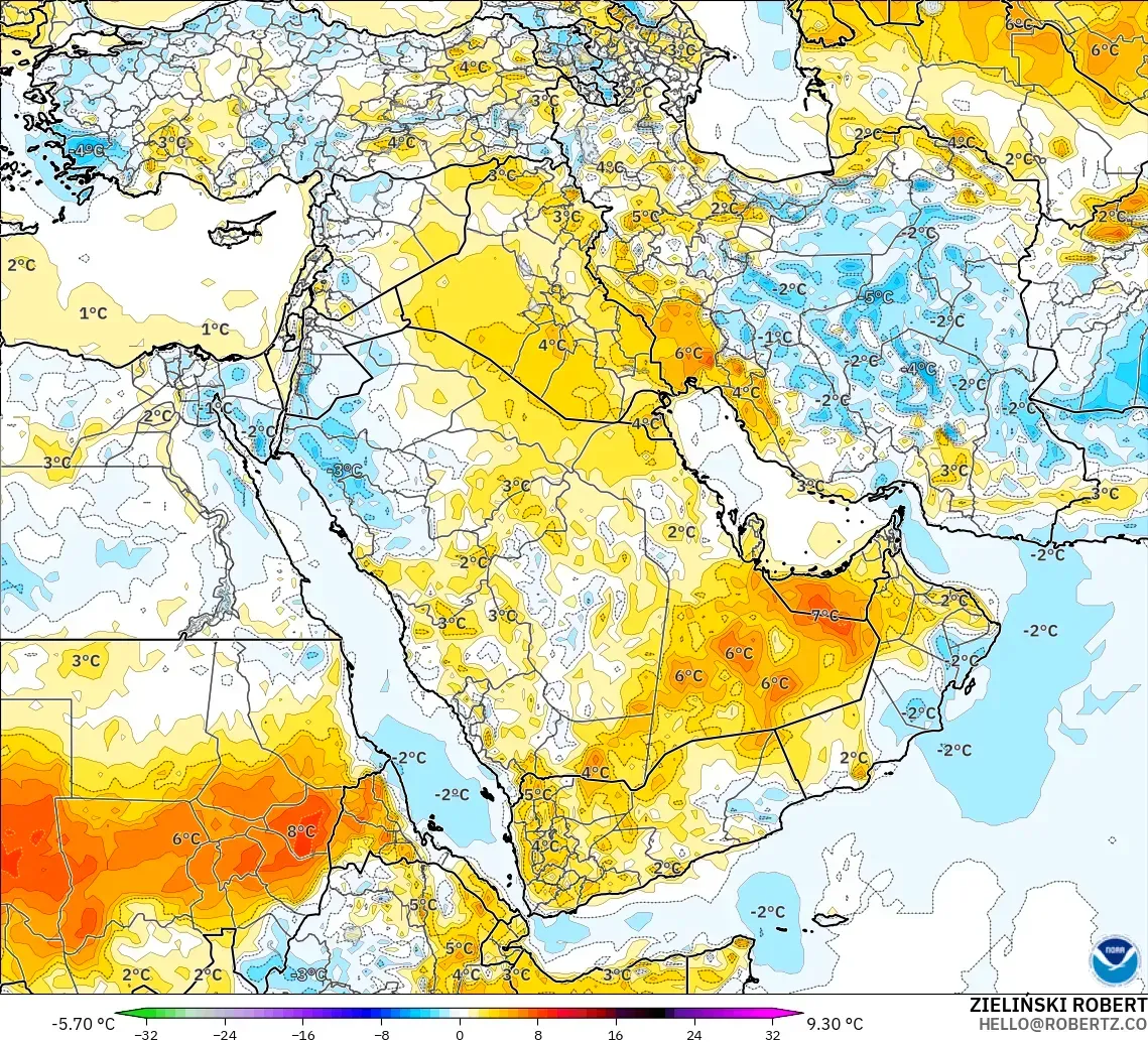 GFS model - Timur Tengah, Anomali Suhu 2 m