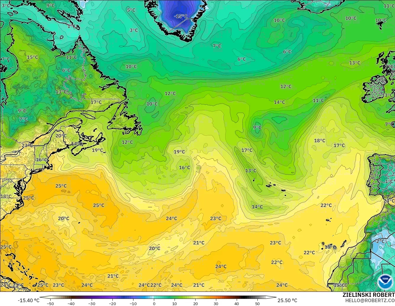 GFS model - Atlantik Utara, Titik Embun 2 m
