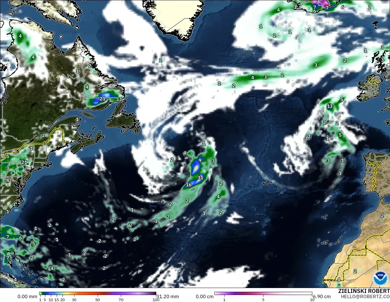 GFS model - Atlantik Utara, Curah Hujan, Awan, dan Tekanan