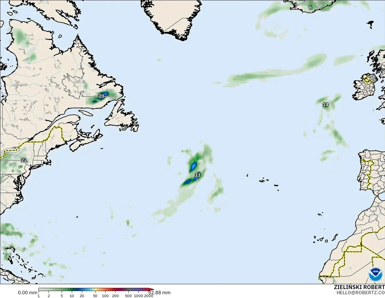 GFS model - Atlantik Utara, Akumulasi Curah Hujan