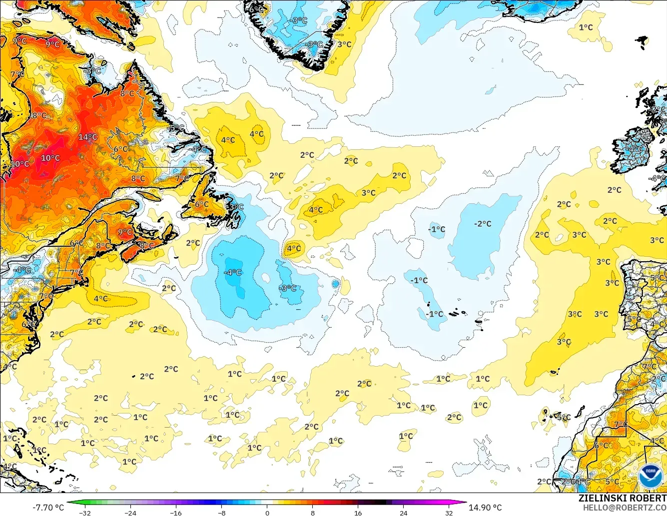 GFS model - Atlantik Utara, Anomali Suhu 2 m