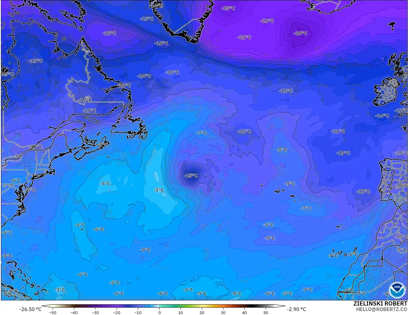 GFS model - Atlantik Utara, Suhu 500 hPa