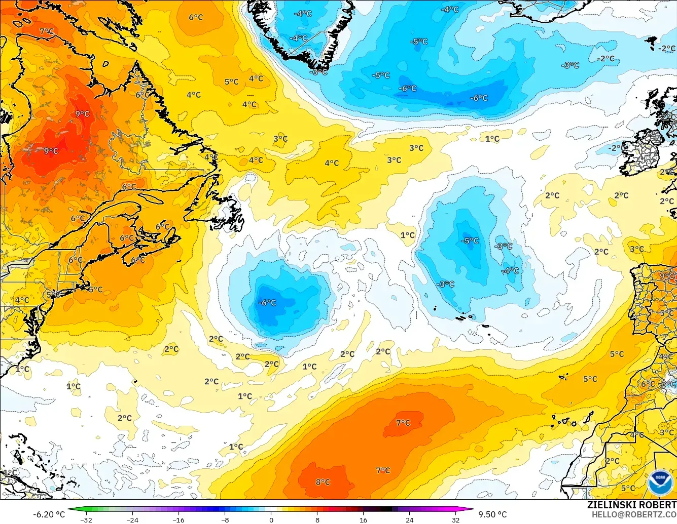 GFS model - Atlantik Utara, Anomali Suhu 850 hPa